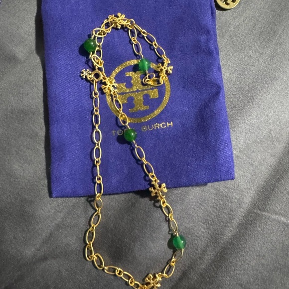Tory Burch Elegant Gold and Green Gemstone Necklace - Picture 9 of 15